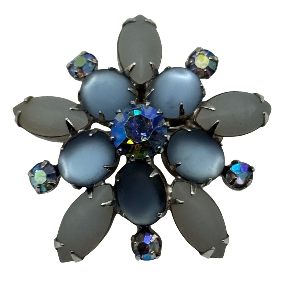 Vintage Coro Brooch Flower‎ AB Aurora Borealis Multicolor Rhinestone Silver Tone